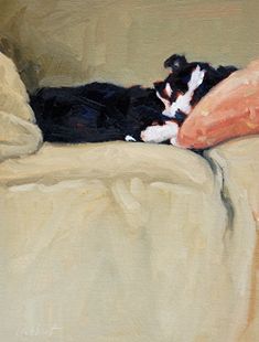 a painting of a black and white cat sleeping on a couch