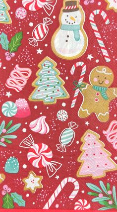 a red background with gingerbreads, christmas trees and other holiday treats on it