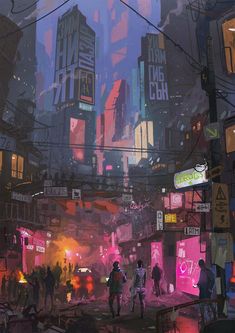 a painting of people walking on a city street at night with neon signs and buildings in the background