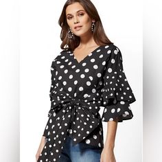 Nwt Ny&Co Poka Dot Wrap Top. 3/4 Sleeves. Very Flattering Wrap Style. Trendy Black Blouse With 3/4 Sleeves, Black And White Tops For Spring Workwear, Black And White Tops For Work In Spring, Black And White Tops For Workwear In Spring, Spring Workwear Black And White Tops, Chic Black 3/4 Sleeve Tops, Blouses Work, Professional Blouses, Poka Dot