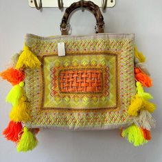 Fabulous Beach Bag New York Nwt Embellished Bag Strap Rectangular Beach Bags With Tassels, Multicolor Vacation Bags With Braided Handles, Yellow Double Handle Beach Bag For Vacation, Multicolor Bags With Braided Handles For Vacation, Multicolor Shoulder Bag For Shopping On Vacation, Bohemian Orange Bag For Shopping, Bohemian Bags For Vacation Shopping, Bohemian Yellow Bags For Shopping, Embroidered Bags For Summer Vacation