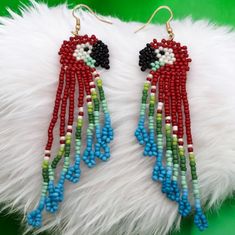 Red Parrot Seed Bead Boho Dangle Earrings Tribal Native Jewelry Western Beaded Add Western Flair To Any Outfit With These Fun Lightweight Beaded Fringe Earrings! Handmade, Hand Woven. Great For All Occasions. Adorable Colorful Long Ear Rings Suitable For Teens Or Adults, Whimsical, Cute This Is A Boutique Item. Brand New. Never Worn. New In Package. Nwt Nip Bnwt Perfect Condition. Giftable. Gift Item. Great Birthday Or Christmas Theme: Native, Tribal, Western, Cowgirl, Country Music Festival, Bo Beaded Earrings Native Patterns, Beaded Turtle Earrings, Seed Bead Animals, Design Seed, Beaded Fish, Retro Kawaii, Red Parrot, Loom Designs, Jewelry Western