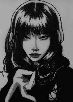 a black and white drawing of a girl with bangs