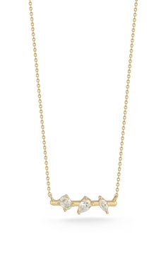 A mix of cuts brings sparkling variety to the diamonds on this bar pendant necklace crafted from 14-karat gold. 16" length; 2" extender; 5/8"W x 1/8"L pendant Total diamond weight: 0.21ct. Color: G–H Clarity: SI 14k gold/diamond Imported >Diamond Guide 3 Diamond Necklace, Dana Rebecca Designs, Diamond Bar Necklace, Bar Pendant Necklace, Diamond Guide, Necklace Craft, Ring Ideas, Bar Pendant, Diamond Pendant Necklace