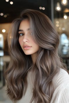 31 Sleek Ash Brown Hair Shades 🌫️✨ Embrace a modern, cool-toned look with these stunning ash brown hues! #AshBrownHair #HairInspo Ash Brown Curtain Bangs, Ash Asian Hair, Cool Brown Lowlights, Ash Brown Natural Hair, Trendy Highlights For Black Hair, Brown Ash Hair Color, Brown Coloured Hair, Dark Ashy Brown Hair, Medium Light Brown Hair