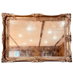 an ornate gold framed mirror hanging on the wall