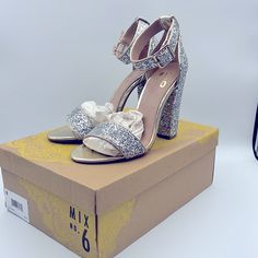 Brand New Never Worn. Size 6 . Silver Glitter With Gold Outline. 4 Inch Heels. Shoes Silver, Silver Shoes, 4 Inch Heels, Silver Glitter, Chunky Heels, Shoes Women Heels, Silver Gold, 4 Inch, Shoes Heels