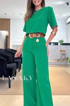 Lasaky - Stylish Solid-Color Wide-Leg Pants and Short-Sleeve Top, Perfect for Casual Fashion Enthusiasts Chic Green Solid Color Sets, Casual Ankle-length Pants Sets For Work, Green Wide Leg Set With Pockets, Green Wide Leg Sets With Pockets, Chic Green Short Sleeve Set, Chic Short Sleeve Green Set, Casual Workwear Sets With Trousers, Casual Workwear Trousers Set, Green Wide Leg Workwear Sets