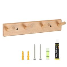 a wooden shelf with screws, nails and glue