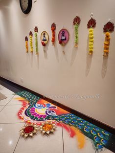 the wall is decorated with many colorful items