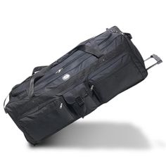 a black rolling bag with wheels and handles