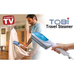 a man ironing clothes with an electric iron on top of it and the words tobi travel steamer above him