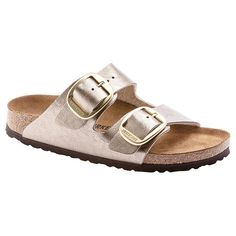 Birkenstock Arizona Big Buckle Slide Sandal  An oversized buckle adds elevated style to the Arizona, showcasing the comfortable two-strap design with Birkenstock's classic contoured cork footbed.  Good to Know Classic Footbed Sandals With Tang Buckle And Round Toe, Gold Slide Footbed Sandals With Buckle, Gold Slide Footbed Sandals With Buckle Closure, Classic Gold Sandals With Buckle Closure, Classic Footbed Sandals With Buckle Closure, Classic Double Strap Footbed Sandals With Buckle, Classic Gold Sandals With Leather Footbed, Classic Gold Sandals With Cushioned Footbed, Double Strap Cork Footbed Sandals With Buckle