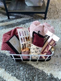 a basket filled with personal care items on top of a rug