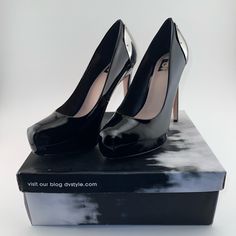 Brand New, Never Been Worn. Size 8.5 1” Platform And 5” Heel Black Patent Leather With Silver Metal Accents On Heel Beyond Your Basic Black Pump! From A Smoke Free Home. Silver Formal Court Shoes With Padded Heel, Formal Silver Court Shoes With Padded Heel, Elegant Silver Patent Leather Heels, Sleek Silver Patent Leather Heels, Silver Patent Leather Platform Heels, Silver Patent Leather Evening Heels, Silver Patent Leather Heels For Formal Occasions, Formal High Heel Shoes In Shiny Black, Formal Silver Patent Leather Heels