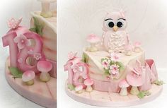 a pink cake with an owl on top