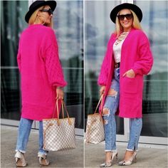 BREE Soft Pink Cardigan Soft Pink Cardigan, Pink Long Cardigan, Pink Cardigan Outfit, Long Pink Sweater, Sweater With Leggings, Black Dress With Heels, Hot Pink Cardigan, Sneakers Street, Heels Casual