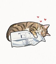 a cat is sleeping on top of a wiimote with hearts coming out of it