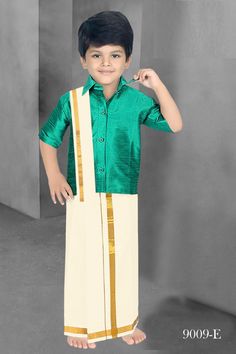 roduct Description South Indian Kids Dhoti Half Sleeves Shirt With Mundu - Angavastram Traditional Onam - Ethnic Dress For Boy's kurta pajama / annaprasana Type - Shirt & Mundu With AngavastramMaterial - SilkNeck - Collar NeckSleeves - Half SleevesClosure - Front Button ClosureFit - Regular fit Fabric : Quality silk fabric Actual color of the dress may slightly vary due to the screen resolution. Care: Hand & cold wash/dry-cleaning Size may slightly vary depending on the style of the dress. Refer Short Sleeve Kurta For Eid Festive Occasion, Short Sleeve Cotton Sets For Eid, Cotton Short Sleeve Sets For Eid, Short Sleeve Tops For Eid Festivities, Festive Short Sleeve Tops For Eid, Traditional Wear With Pallu For Festivals, Festive Traditional Wear With Short Sleeves, Traditional Short Sleeve Tops For Eid, Traditional Short Sleeve Festive Shirt