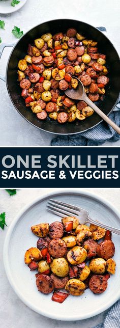 one skillet sausage and veggies in a pan