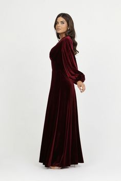 Fitted Bodice Long Sleeve Evening Dress For Bridesmaid, Burgundy Fitted Bodice Dress For Banquet, Fitted Long Sleeve Bridesmaid Evening Dress, Long Sleeve Dresses With Fitted Bodice For Bridesmaids, Long Sleeve Bridesmaid Dress For Prom Season Banquet, Long Sleeve Evening Dress With Sweep Train For Bridesmaid, V-neck Bridesmaid Dress With Fitted Bodice For Banquet, Elegant Long Sleeve Bridesmaid Dress For Banquet, Bridesmaid Dress With Fitted Bodice For Banquet And V-neck