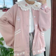 Pastel Kawaii Aesthetic Soft Girl Baseball Jacket   ONE SIZE Length 63cm Bust 120cm.     Material: COTTON, Polyester Harajuku Style Cotton Outerwear With Pockets, White Harajuku Style School Outerwear, Harajuku Style White Outerwear For School, Harajuku Style Winter School Outerwear, White Harajuku Outerwear For School, Harajuku Style Winter Outerwear For School, White Kawaii Outerwear For Winter, Kawaii Cotton Outerwear For Winter, Cute Cotton Outerwear For Winter