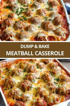 two pictures of meatball casserole with cheese and sauce