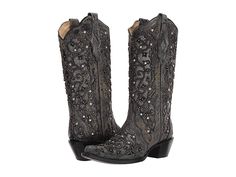 Corral Boots A3672 - Cowboy Boots : Grey : The beautiful, handcrafted leather construction and lovely crystal accents of the Corral A3672 cowgirl boots will have you ready for any occasion. Features metallic leather inlays and a floral cutout design throughout the shaft and foot. Pull-on tall Western boot with sturdy side pull tabs for easy entry. Soft leather lining for a comfortable fit. Lightly cushioned footbed for all-day comfort. Snip toe. Stacked leather heel. Tooled leather outsole with Grey Cowgirl Boots, Sparkly Cowgirl Boots, 2026 Wedding, Cowgirl Boots Wedding, Tall Western Boot, Black Cowgirl Boots, Black Cowgirl, Girl Boots, Wedding Boots