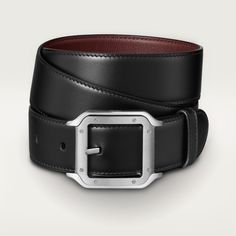 Cartier - Belt, Santos de Cartier - Belt Man Leather - Belt with palladium-finish ardillon buckle, Cartier signature. Reversible black and brown cowhide strap, embossed “Cartier” marking. Dimensions: 35 mm wide x 1,230 mm long. Adjustable Modern Leather Belt Buckles With Palladium Hardware, Designer Leather Belt Buckles With Palladium Hardware, Designer Formal Belts With Rectangular Buckle, Elegant Black Rectangular Belt Buckle, Classic Black Belt With Palladium Hardware, Luxury Leather Belt Buckles For Evening, Luxury Business Belts With Removable Belt, Designer Black Belt Buckles With Palladium Hardware, Timeless Black Belt Buckles For Formal Wear