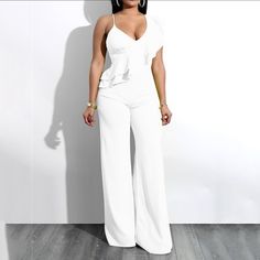 Nwot Another Bridal Shower Outfit That Didn’t Make The Cut And I Missed On Return Window. Black Jumpsuit Outfit, Ruffle Jumpsuit, Jumpsuit Outfit, Romper Outfit, White Jumpsuit, Fashion Colours, Deep V Neck, Jumpsuits For Women