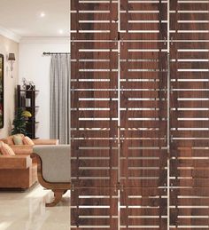 a room divider made out of wooden slats in the middle of a living room