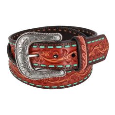 This stylish accessory adds a touch of western to any outfit. The classic floral is contrasted perfectly with the turquoise stitching that adds a pop of color to a simple pattern. The western buckle is a classic Ariat look but is removeable for more ways to wear. Made of Leather