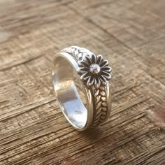 Silver Band Ring Women, Nature-inspired Adjustable Flower Ring For Anniversary, Nature-inspired Flower Promise Ring, Adjustable Flower Rings For Anniversary, Adjustable Sterling Silver Promise Flower Ring, Adjustable Flower Shaped Anniversary Rings, Stackable Flower Ring For Promise, Adjustable Flower Engraved Promise Ring, Flower Shaped Engraved Adjustable Promise Ring