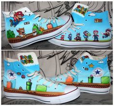 Original Allstar Converse Chucks with a Super Mario Airbrush design . The shoes are airbrushed as seen in the pictures after purchase .  If you have questions please send us an email .  More photos and designs you can also be found on our Facebook page at:  www.facebook.com/daccrew Nike Air Max 90 Blue, Super Mario Theme, Allstar Converse, Mario Theme, Super Mario Bros Birthday Party, Air Max 90 Leather, Custom Sneakers Diy, Converse Chucks, Airbrush Designs