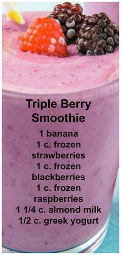 a smoothie with berries and other fruits on top is shown in the bottom right corner