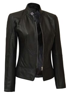 Womens Black Leather Biker Jacket Are you looking to build a cool look? Try this Womens Black biker leather jacket. This jacket is made of high-quality real leather with internal viscose lining, and there is one inside pocket and zip closure. The stand-up style collar and texture give a more vintage look. It is best for both a relaxed and incredibly stylish look. Specifications: 100% Real Lambskin Leather Jacket Internal Soft polyester lining Stand-up collar style Black in Color Also available i Black Cafe Racer, Fitted Leather Jacket, Asymmetrical Leather Jacket, Racer Leather Jacket, Brown Leather Jacket Men, Leather Jacket For Women, Cafe Racer Leather Jacket, Leather Jackets Online, Tan Leather Jackets