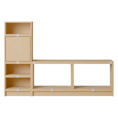 a wooden shelf with two open shelves on each side