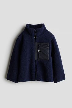 Teddy Jacket - Navy - Kids | H&M US Winter Sherpa Fleece Jacket With Zipper, Winter Fleece Outerwear With Zip Fly, Winter Sherpa Fleece Jacket With Zipper Closure, Sherpa Outerwear With Zipper Closure For Cold Weather, Cold Weather Sherpa Outerwear With Zipper Closure, Sherpa Hooded Jacket With Fleece Lining, Fleece Track Jacket With Pockets For Cold Weather, Long Sleeve Sherpa Fleece Jacket With Zipper, Long Sleeve Hooded Jacket With Sherpa And Fleece Lining