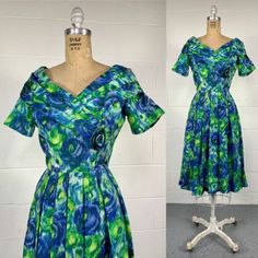 Vintage 50s Green Blue Satin Floral Portrait Collar Fit And Flare Party Dress 6 | eBay Floral Portrait, Rose Applique, Cabbage Rose, Womens Vintage Dresses, Rockabilly Dress, Cocktail Party Dress, 50s Fashion, Blue Satin, Size 6 Dress