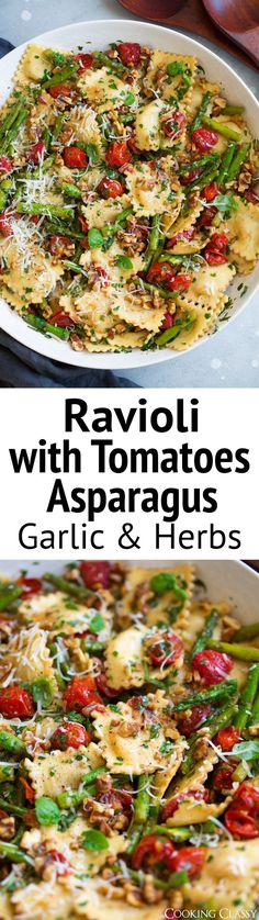 this is an image of ravioli with tomatoes and asparagus in garlic and herbs