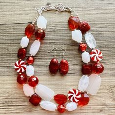 💞Two of a kind & ready to ship💞  Great necklace for the holiday season! Various shades of red & white acrylic beads in our signature confetti style :) Approximately 16 inches long plus a 4 inch extender chain.  *Smoke and pet free home!* I ship 6 days a week! Thank you for browsing my store! Candy Cane Color Jewelry, Valentine's Day White Beaded Necklaces, White Christmas Jewelry With Colorful Beads, White Beaded Christmas Jewelry, White Beaded Necklaces For Valentine's Day, White Jewelry For Holiday Party, White Holiday Party Jewelry, Valentine's Day Jewelry With Colorful Beads, Valentine's Day Colorful Beads White Jewelry