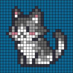 a cross stitch pattern with a black and white cat on it's chest, sitting in front of a blue background