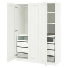 an open white cabinet with drawers and shelves