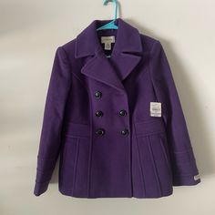 Brand New With Tags Spring Wool Peacoat With Long Sleeves, Purple Long Sleeve Outerwear For Office, Classic Purple Outerwear With Buttons, Purple Buttoned Workwear Outerwear, Purple Buttoned Outerwear For Work, Purple Outerwear With Button Closure For Work, Purple Double-breasted Spring Outerwear, Purple Double-breasted Outerwear For Spring, Fitted Single Breasted Peacoat For Spring