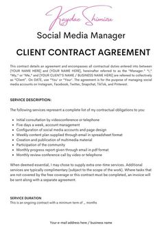 the social media manager's contact agreement is shown in this document, which contains information for