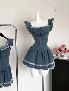 Bonnyshow Woman Slim A-Line Dress Sleeveless Denim Square Neck One-Piece Wash Dress Patchwork Elega