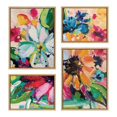 three paintings with flowers on them in different colors and sizes, one is yellow, the other is blue