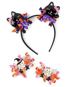 FABRICATION: 100% cotton poplin headband, 100% polyester grosgrain hair clips, imported HEADBAND: Cat faces with non-functional bows & curly ribbons HAIR CLIPS: 2 styles with plastic clips, curly ribbons & ghost center Girls Halloween 3-Piece Hair Set - Halloween | Gymboree | Girls | Halloween 3-Piece Hair Set - Halloween | 100% Polyester Grosgrain Ribbons Hair, Diy Baby Bows, Hair Accessories Gold, Girly Hair, Pretty Headbands, Cat Faces, Hair Set, Toddler Hair Bows, Halloween 3