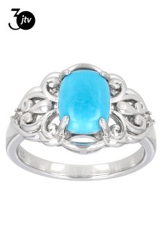 9x7mm Sleeping Beauty Turquoise with 0.03ctw White Zircon Rhodium Over Sterling Silver Ring. Measures Approximately 0.73"L x 0.53"W. Not Sizeable. Accent Stones Primarily Zircon. Sleeping Beauty Turquoise, Sterling Silver Ring, Silver Ring, Sleeping Beauty, Sterling Silver Rings, Silver Rings, Turquoise, Sterling Silver, Ring