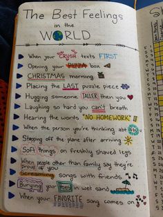 the best feelings in the world written on an open notebook with colorful writing and doodles